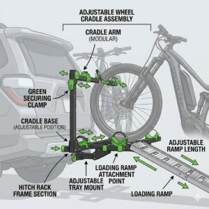 Technical diagram showing the modular parts of a hitch bike rack with ramp adjustable including the wheel cradles and ramp extension.