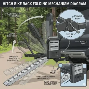 Detailed view of the vertical folding and compact storage design of a hitch bike rack with ramp storage.