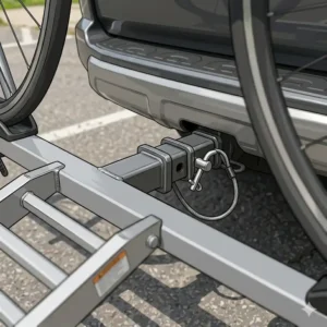 Close-up of the secure receiver attachment on a hitch bike rack with ramp for road bikes.