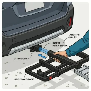 Step-by-step visual of the receiver alignment from the hitch bike rack with ramp instructions.