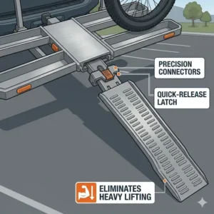 Detailed view of the easy-loading process highlighting the hitch bike rack with ramp weight capacity and structural integrity