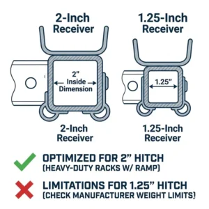 Illustration 2: Technical diagram of a 2-inch receiver connection for a hitch bike rack with ramp for mountain bikes.