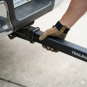 Inserting the main assembly into the vehicle receiver during the hitch bike rack with ramp installation process.