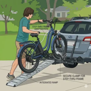 Illustration 2: Close-up of a step-thru bike frame resting securely on a hitch rack cradle, showing how the ramp aligns with the low-frame design.
