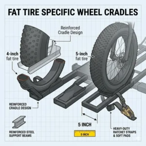 Illustration 2: Detailed view of the extra-wide wheel cradles on an ebike hitch rack with ramp for fat tire for 5-inch tires.