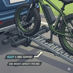 High weight capacity support for fat-tire electric bikes on a hitch bike rack with built in ramp.
