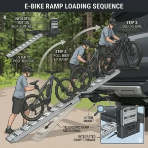 A step-by-step loading sequence using the specialized hitch bike rack with ramp storage for electric mountain bikes.