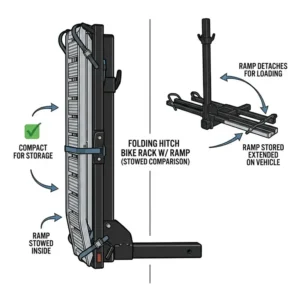 Illustration 3: Side-by-side comparison of a hitch bike rack with ramp for mountain bikes in both folded and deployed positions.