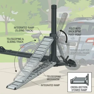 Illustration 3: Illustration showing how the loading ramp folds or slides into the hitch bike rack frame for compact storage during travel.