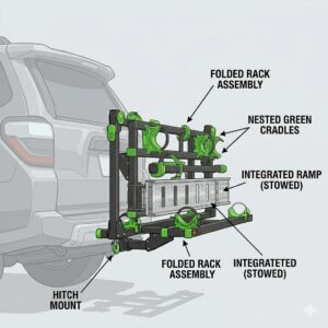 The compact stowed position of a hitch bike rack with ramp adjustable when folded against the vehicle rear.