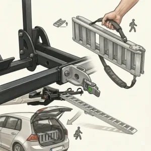 Showing how to store the ramp after using the hitch bike rack with removable ramp.