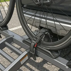 Detailed view of the narrow wheel trays and straps on a hitch bike rack with ramp for road bikes.