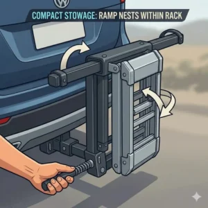 Diagram showing the compact vertical storage position of a hitch bike rack with built in ramp.