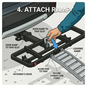 Detailed view of how to connect the ramp safely following the hitch bike rack with ramp instructions.