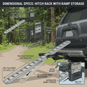 Measurement specifications and storage capacity of a heavy-duty hitch bike rack with ramp storage.