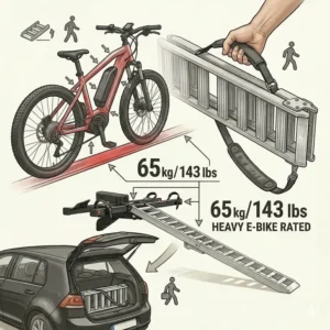 High weight capacity diagram for a hitch bike rack with removable ramp carrying e-bikes.