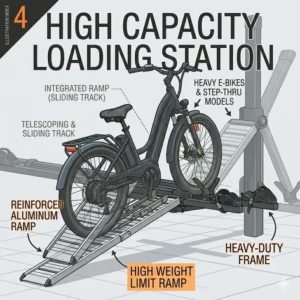 Illustration 4: A diagram highlighting the high weight capacity of a hitch bike rack designed for heavy e-bikes and step-thru models.