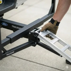 Connecting the foldable metal loading ramp to the tray as part of the hitch bike rack with ramp installation.