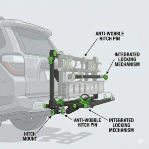 Detailed view of the locking pins and anti-wobble system on this hitch bike rack with ramp adjustable.