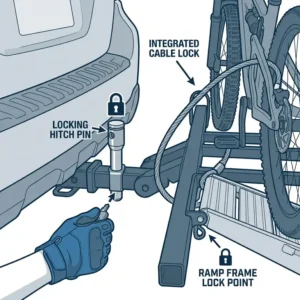Illustration 4: Close-up of the integrated locking hitch pin and cable locks on a hitch bike rack with ramp for mountain bikes.