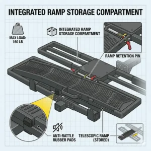 Illustration 4: Demonstration of the tilt-away feature on an ebike hitch rack with ramp for fat tire for easy trunk access.
