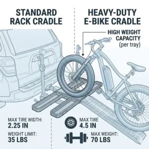 Illustration of the wide tire cradles that complement the hitch bike rack with ramp weight capacity for fat tire bikes.