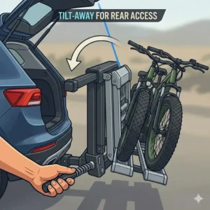 Illustration of the tilt-away feature for trunk access on a hitch bike rack with built in ramp.