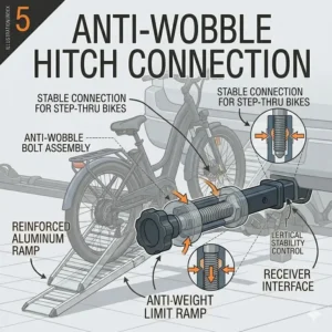 Illustration 5: Technical illustration of the anti-wobble bolt system on a hitch bike rack to ensure stability while transporting step-thru bikes.