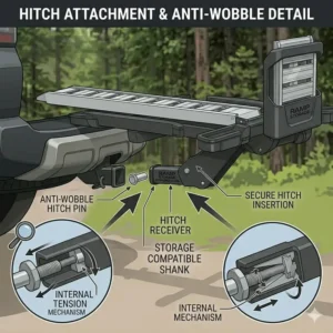 Close-up of the anti-wobble hitch pin and secure receiver attachment for a hitch bike rack with ramp storage.