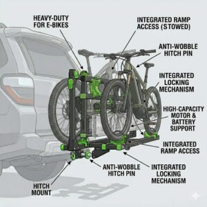 A high-capacity hitch bike rack with ramp adjustable supporting two heavy electric bikes with large batteries.