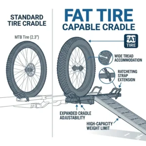 Illustration 5: Detailed view of the wide tire cradles on a hitch bike rack with ramp for mountain bikes showing fat tire compatibility.