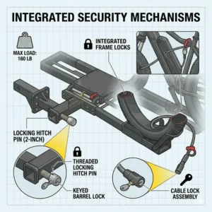 Illustration 5: Illustration showing the integrated storage compartment for the ramp on an ebike hitch rack with ramp for fat tire.