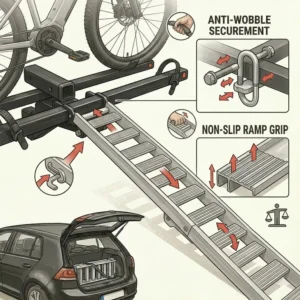 Close-up of the non-slip surface and anti-wobble tech on the hitch bike rack with removable ramp.
