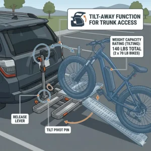 Demonstration of the smart tilt-away function while maintaining the full hitch bike rack with ramp weight capacity.
