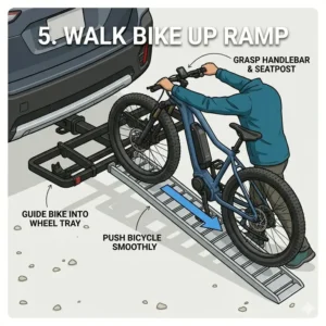 A person loading an electric bike smoothly using the hitch bike rack with ramp instructions.