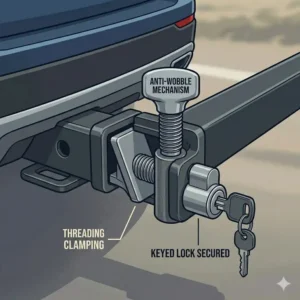 Technical detail of the anti-wobble hitch pin and security lock on a hitch bike rack with built in ramp.