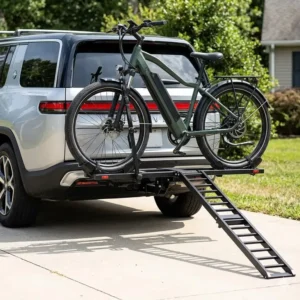Securing the bike wheels and frame hooks according to the hitch bike rack with ramp instructions.