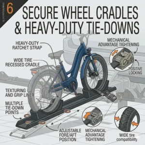 Illustration 6: Detailed view of adjustable wheel cradles and ratcheting straps securing a wide-tire step-thru bike to a hitch rack.