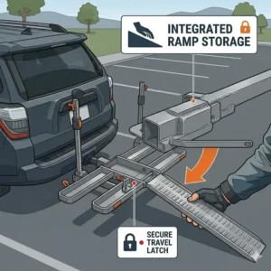 Showing the integrated storage solution for the loading ramp on a hitch bike rack with ramp weight capacity.