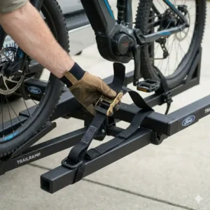 Fastening the heavy-duty wheel straps following a successful hitch bike rack with ramp installation.