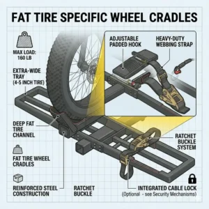 Illustration 6: Close-up of the locking hitch pin and security cables included with the ebike hitch rack with ramp for fat tire.