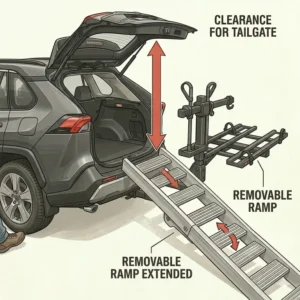 Demonstration of tailgate clearance when using a hitch bike rack with removable ramp.