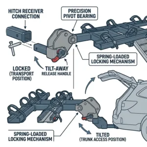 Illustration 6: Demonstration of the tilt-away mechanism on a hitch bike rack with ramp for mountain bikes for easy trunk access.