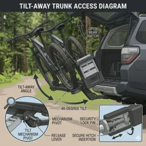 The convenient tilt-away feature of a hitch bike rack with ramp storage providing full access to the vehicle trunk.