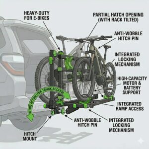 Demonstrating the quick-release tilting action of the hitch bike rack with ramp adjustable to allow rear hatch access.