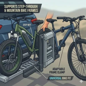 Compatibility illustration for step-through and mountain bike frames on a hitch bike rack with built in ramp.