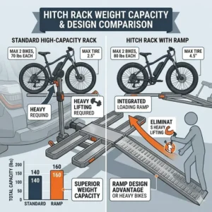 A comparison chart showing how this model exceeds the standard hitch bike rack with ramp weight capacity of competitors.