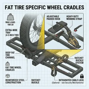 Illustration 7: Diagram showing the 2-inch receiver compatibility for a heavy-duty ebike hitch rack with ramp for fat tire.