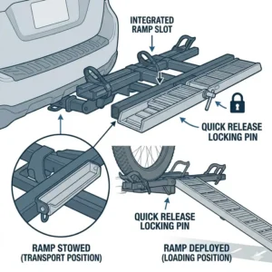 Illustration 7: Illustration showing the secure internal storage slot for the ramp on a hitch bike rack with ramp for mountain bikes.