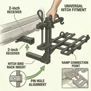 Technical drawing of a 2-inch receiver connecting to a hitch bike rack with removable ramp.